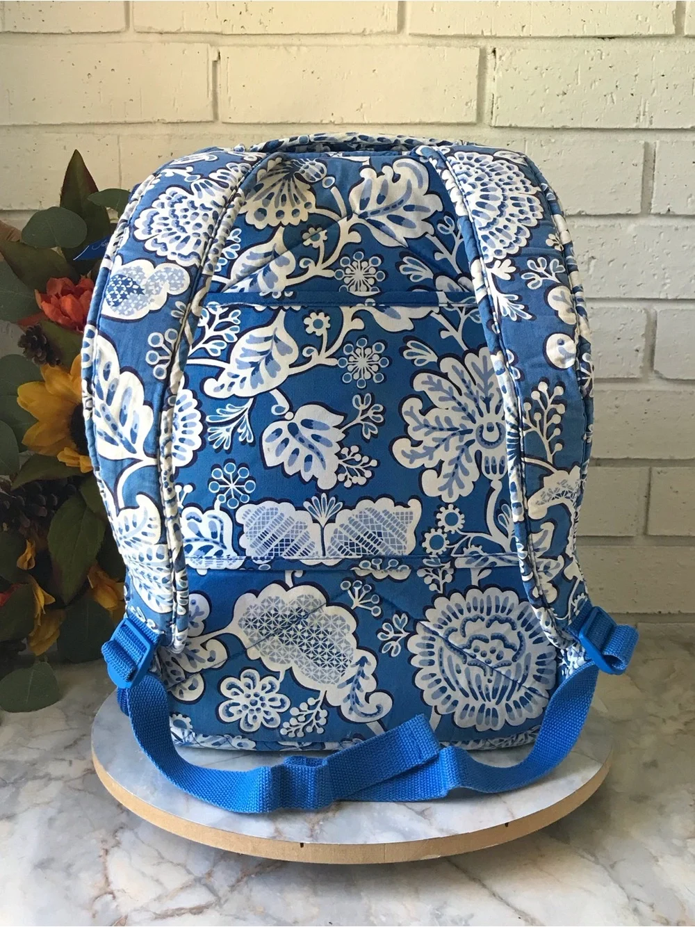 Vera Bradley Blue Lagoon Backpack Padded Laptop Quilted Floral Tote